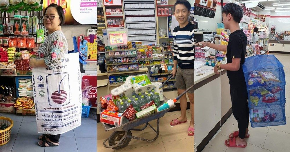 La gente en Tailandia están utilizando toda su creatividad para realizar sus compras después de una nueva ley que prohÃbe el uso de bolsas de plástico